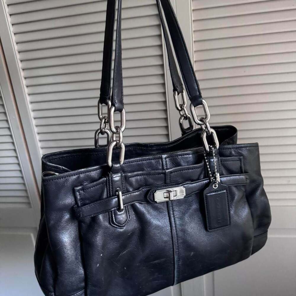 Vintage Coach Black Leather Satchel, Silver Chain Straps, No. 17811